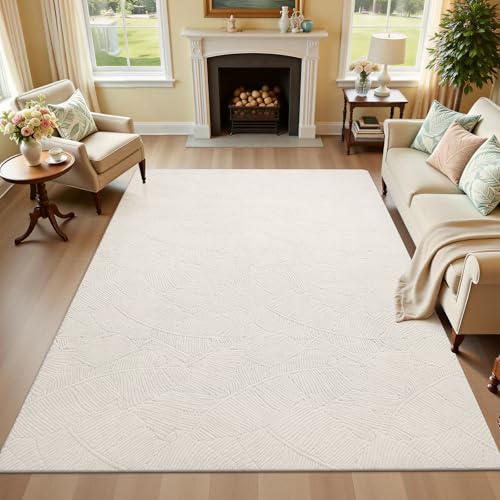 Ileading 6x9 ft Beige Tropical Banana Leaf Area Rug, Non-Slip Fluffy Carpet for Living Room & Bedroom