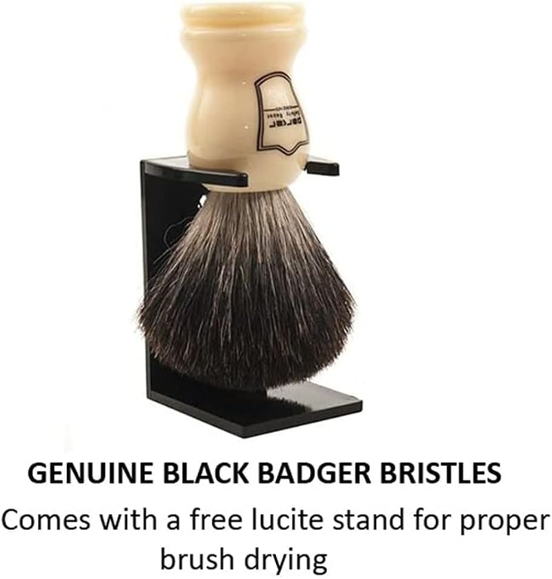 Black Badger Bristle Shaving Brush with White Handle & Stand - Handmade Grooming Tool