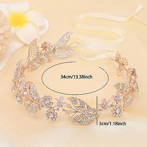 Rose Gold Wedding Headband with Flower Leaves Design Bridal Hair Vine