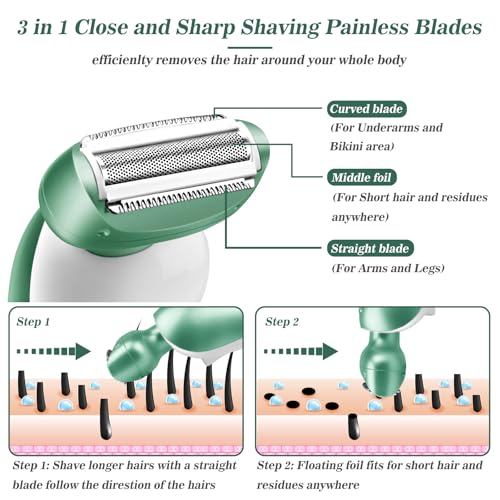 Electric Razor for Women Electric Shaver for Legs Bikini Trimmer for Women Underarm Public Hairs Rechargeable Womens Shaver with Detachable Head Wet Dry Use Painless Cordless