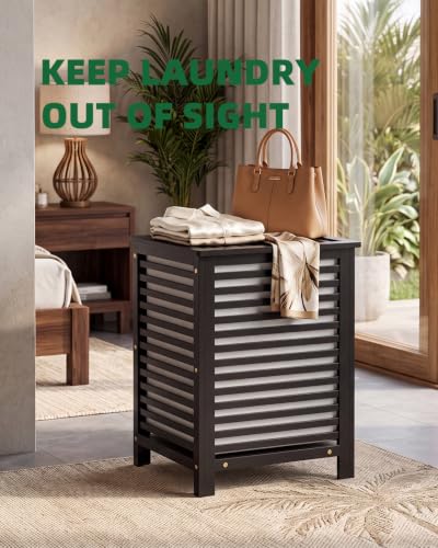 Double Laundry Hamper with Lid & Removable Liners - 120L Bamboo Laundry Basket, 2-Section Clothes Divider, Space Saving Design, Black