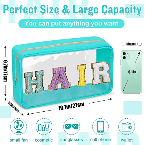 Izuzta 2 Pack Clear Makeup & Hair Pouch with Glitter Chenille Letters, Pink & Green Variations