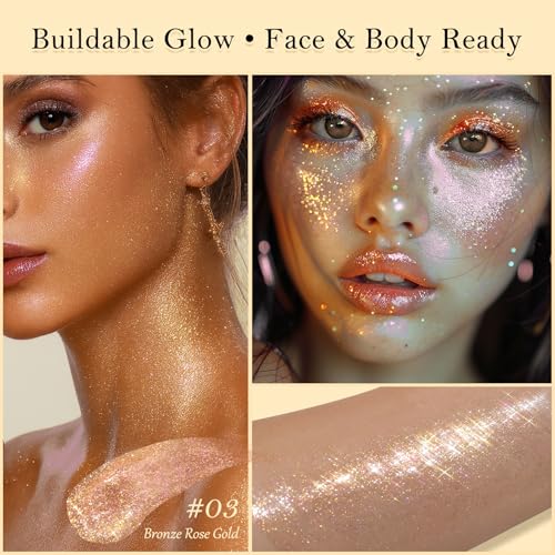 Liquid Glitter Highlighter Glow Drops ? Face Highlighter & Body Shimmer Makeup, Illuminating Radiant Glow for Festival Rave Party, Long Lasting 03 Rose Gold