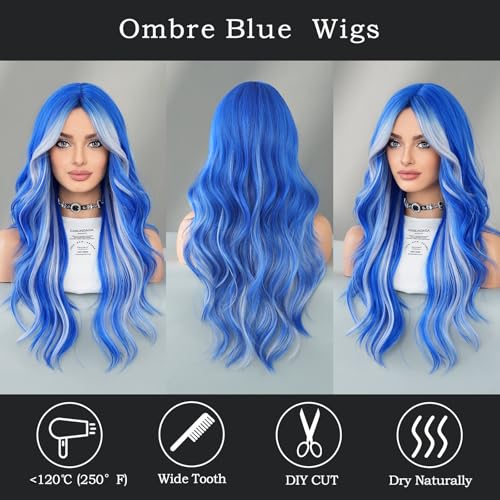 TRUMOST Blue Platinum Blonde Highlight Wig 26 Inch Long Wavy Synthetic Heat-Resistant with Curtain Bangs