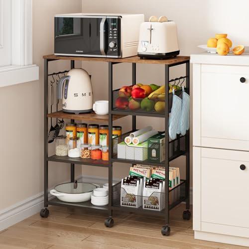 SWTYMIKI Espresso Kitchen Island Cart on Wheels - 4-Tier Rolling Storage with Hooks