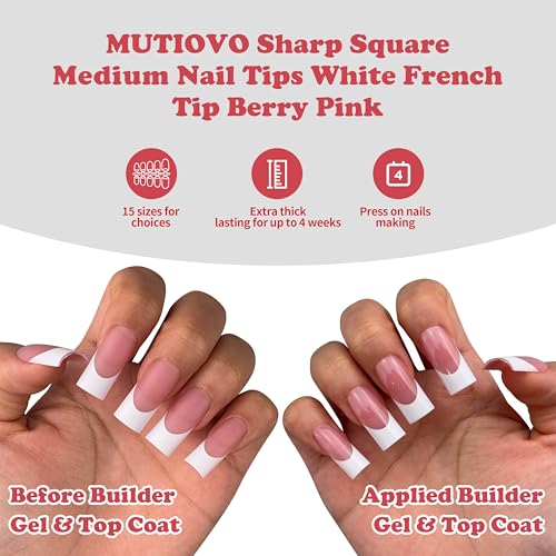 MUTIOVO Medium Straight Square White French Tip Nail Tips 180 pcs - Berry Pink, Extra Thick Soft Gel Extensions for DIY Manicure