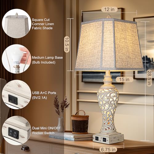 Cream Set of 2 28.5-Inch Bedside Table Lamps with Nightlight & USB Ports