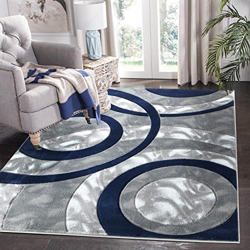 Navy Modern Area Rug 5x7 Circles Geometric Fluffy Hand Carved Floor Carpet