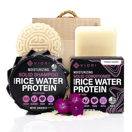 VIORI Terrace Garden Shampoo and Conditioner Bar Set and Bamboo Holder- Made with Rice Water for Hair Growth - Handcrafted Sulfate Free Shampoo and Conditioner