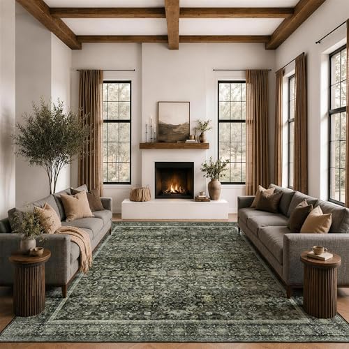 Neigeluo 8x10 Green Area Rug - Washable Vintage Persian Design, Non-Slip Indoor Carpet for Living Room & Bedroom