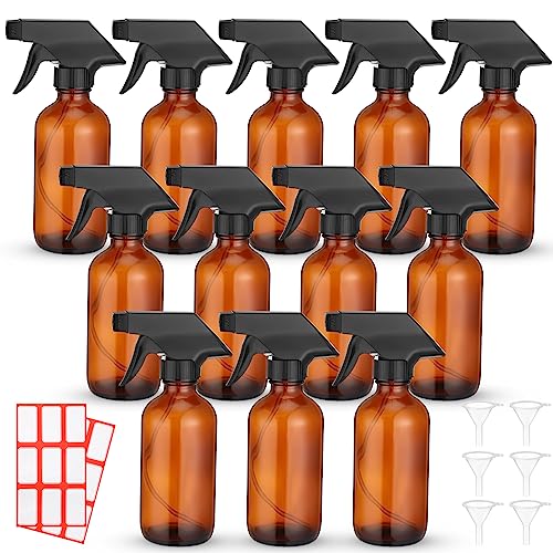 Norme Classic Amber 12 pcs 8 oz Glass Spray Bottles with Funnels & Labels