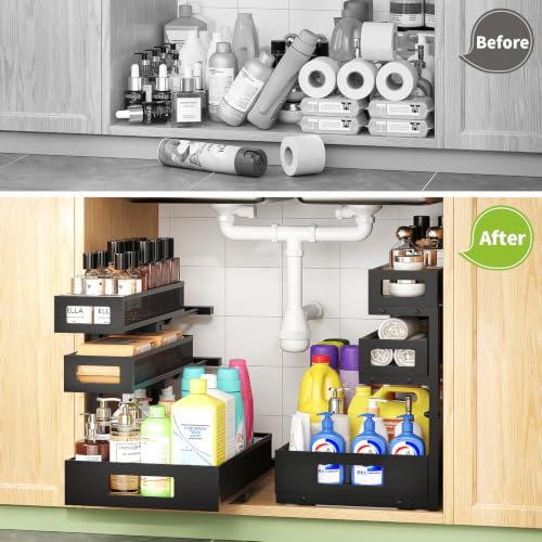 Under Sink Organizer 3-Tier Heavy Duty Pull Out Shelf - Black 2 Pack