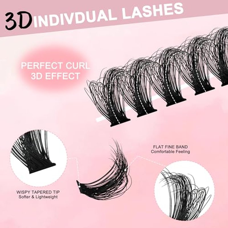 Fluffy Lash Clusters 80D+100D, DIY Eyelash Extension Kit with Glue and Tweezer, 9-16mm D Curl Wispy Flat Lash Clusters, 280pcs Individual Lashes