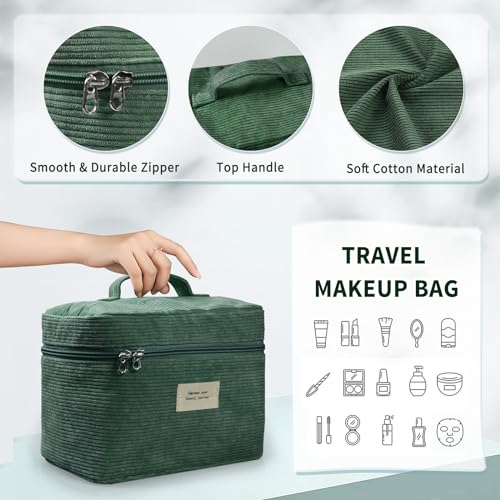 LVWNM Green 4-Piece Corduroy Makeup Bag Set for Women, Travel & Organizer