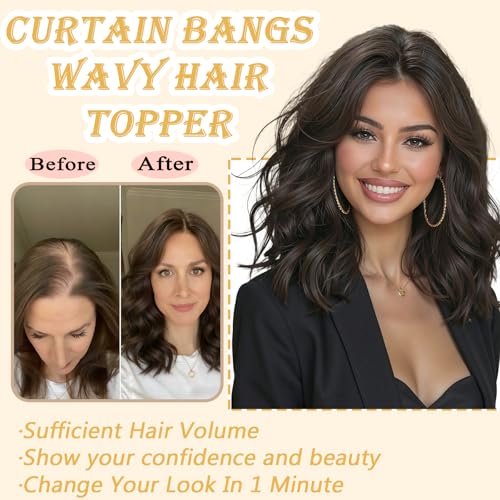 Curtain Bangs Hair Topper for Women, 16 Inch Human Hair, Chocolate Brown Variation