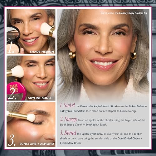 LAURA GELLER NEW YORK Daily Routine Kit | Porcelain | Limited Edition Makeup Set | Includes Baked Foundation for Mature Skin, Exclusive Blush, Eyeshadow, Retractable Kabuki Brush