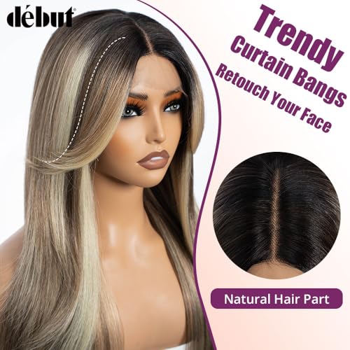 Ombre Brown Highlight Light Blonde Layered Wigs with Curtain Bangs - 26 Inch Synthetic Lace Front Wig for Women