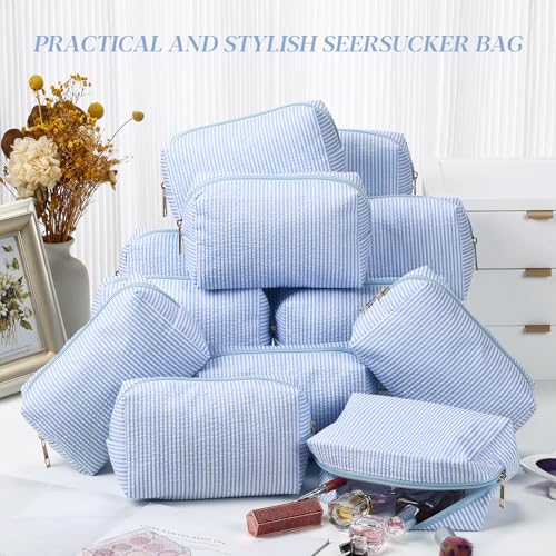 Light Blue Seersucker Cosmetic Bags Set - 12 pcs, Zippered & Striped