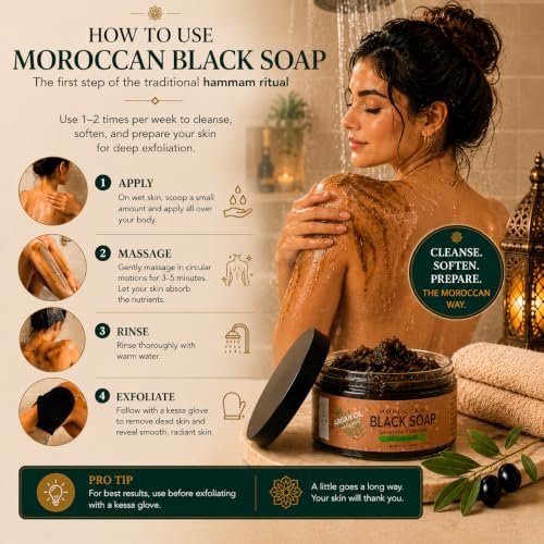 Moroccan Black Soap with Argan Oil - Unscented Body Exfoliating Scrub 16 Oz - Zakia's Morocco