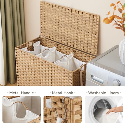 Large 39.6 Gallon Laundry Hamper with Wheels & Lid - 3-Section Rattan Basket with Removable Liners, Mesh Bags, Side Pocket - Natural, 150L