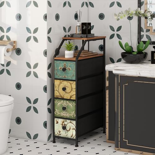 Retro Flower Narrow Vertical Dresser with Charging Station, 4 Drawers - Slim Storage Tower for Bedroom, Bathroom, Small Spaces