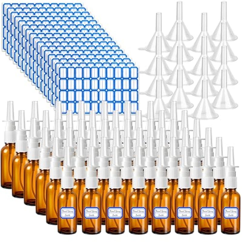 80 Pcs Nasal Spray Bottle Empty, Brown Glass Refillable Fine Mist Nasal Spray Bottles with 16 Funnels and 16 Labels (30ML/1oz)