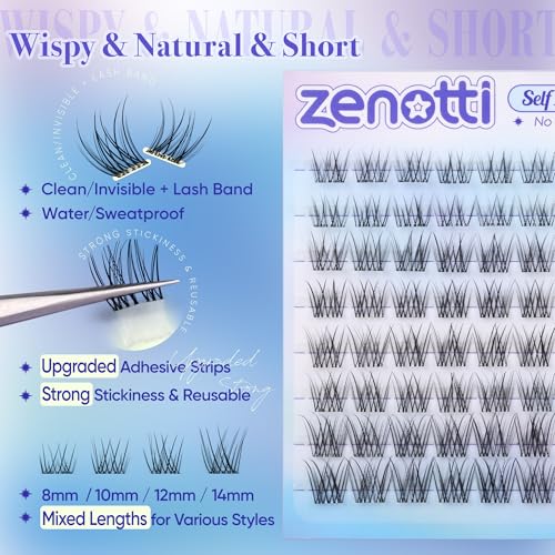 Self Adhesive Lash Clusters Natural Self Adhesive Eyelashes No Glue Lashes Clusters Wispy Eyelash Cluster Waterproof Pre Glued Lash Cluster Short 8-14mm Press on lashes by zenotti