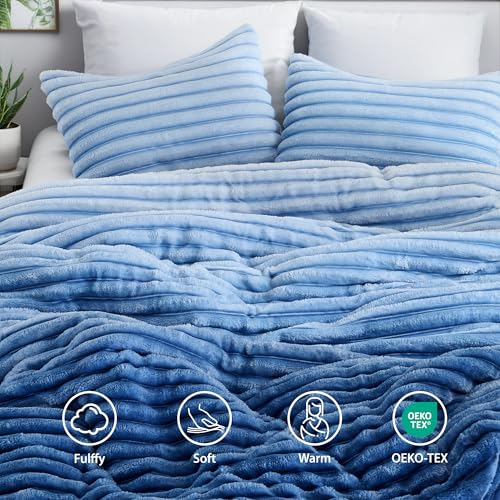 Queen Size Blue Ombre Ribbed Fluffy Comforter Set - Cozy Bed Bedding