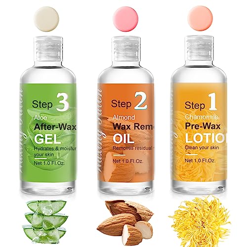 Mini Pre Wax Spray and After Wax Spray, Triple-bottle Set After Wax Care with Pre Wax Cleanser, Wax Remover Oil and Skin Soother Organic Aloe Vera Gel for Sensitive Skin
