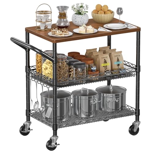 NTE 3-Tier Rolling Kitchen Cart with Wooden Top & Hooks - Black, 650Lbs Capacity