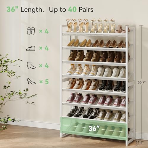8-Tier Metal Shoe Rack Organizer - White, Heavy Duty Shoe Storage Shelf for Garage, Entryway, Closet - Holds Up to 40 Pairs