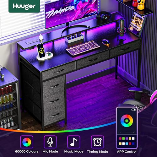 Huuger 47-Inch Black Gaming Desk with LED RGB Lights, 6 Drawers & Power Outlets