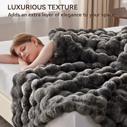 Anysay Faux Fur Throw Blanket - Grey Queen 80x90 Inches Fluffy Bubble Design
