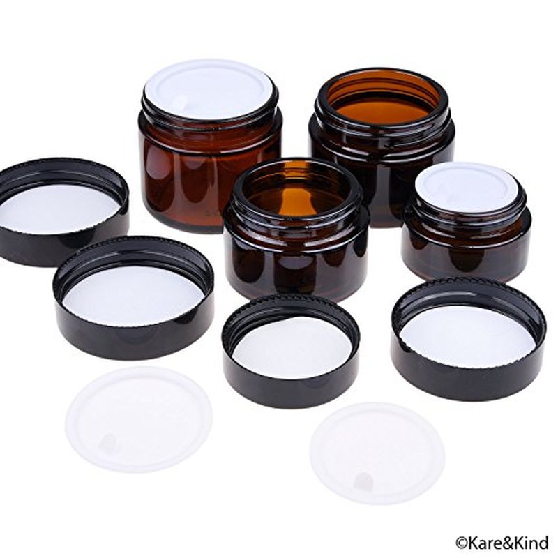 Kare & Kind Refillable Cosmetics Jars Kit - 4x Cosmetics Jars (Amber Glass), 4x Lids, 4x Inner Covers, 39x Labels + 4x Mini Spatula for Easy Filling - For Creams, Essential Oils, Powders, etc.