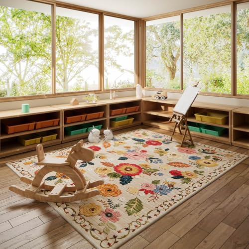 Beige Floral 8x10 Area Rug - Washable Non-Slip Bedroom Living Room Carpet