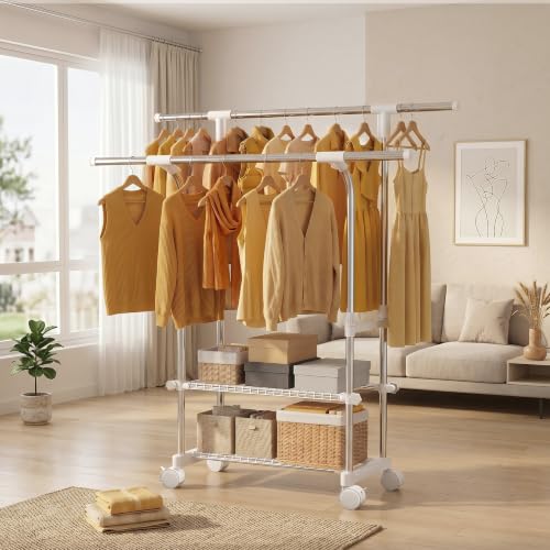 Heavy-Duty Double Rod Rolling Clothes Rack with Shelves - Adjustable, 155 lbs Capacity