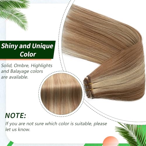 16 Inch Sew In Hair Extensions - Golden Brown & Blonde Highlights, Remy Human Hair Weft