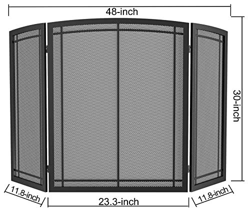 FireBeauty 3‑Panel Wrought Iron Fireplace Screen 48x30 Inch Black Guard