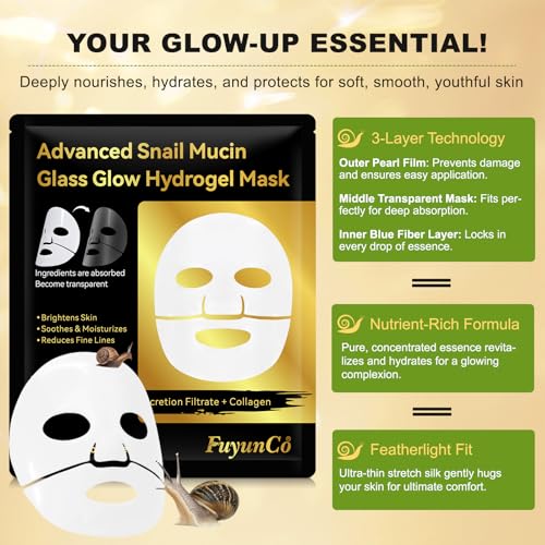 Advanced Snail Mucin Glass Glow Hydrogel Face Masks Skincare, Collagen Mask, Overnight Peel Off Korean Face Mask for Hydration Boost, Glass Skin Face Mask Korean Skincare