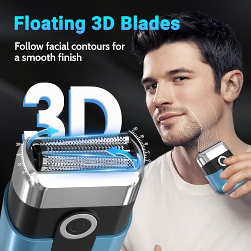 Mini Electric Razor for Men Face - Blue, 3-Blade Waterproof Shaver