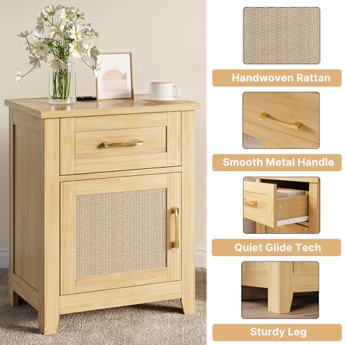 Decofy Rattan Nightstand Set of 2 with Charging Station, Drawer & Cabinet - Natural Boho Style