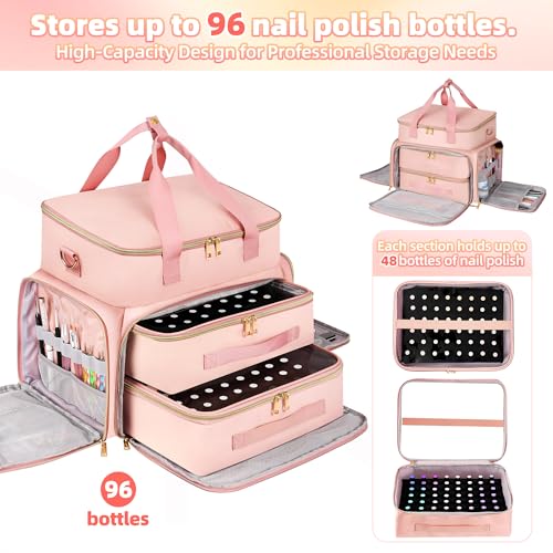 DERSTUEWE Pink Nail Polish Organizer Case Travel Bag with Hard Bottom & Adjustable Dividers