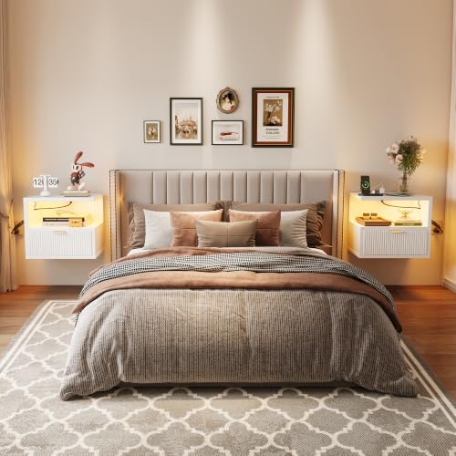 Homeiju Floating Nightstand with Charging Station & RGB LED Lights, Wall-Mounted Bedside Table with Drawer