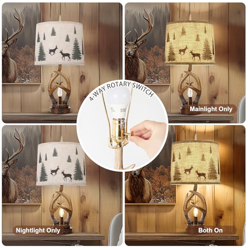 Rustic Farmhouse Antler Table Lamp Set of 2 with Night Light - Brown