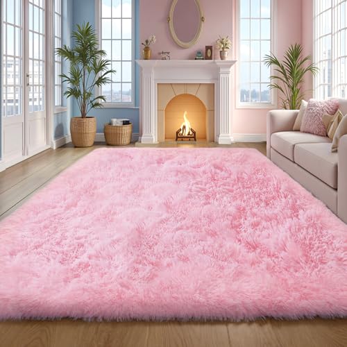 Pink Fluffy Area Rug 8x10 ft - Washable Fuzzy Shag Carpet for Living Room