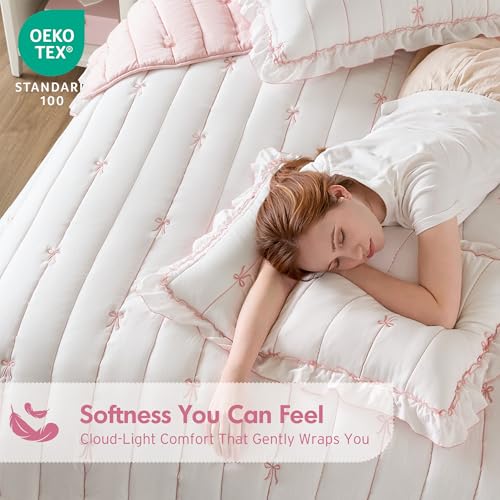 Pink Queen Size Embroidered Ruffle Quilt Set with Bow Details - 3 Piece