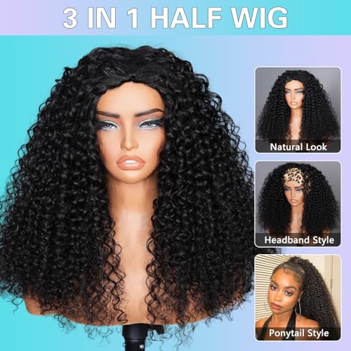 16 Inch Water Wave Half Wig Human Hair Glueless 3-in-1 Drawstring Headband Style for Black Women