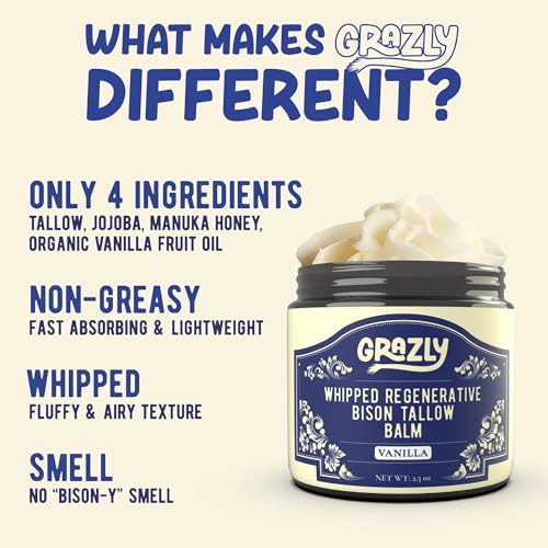 Grazly Whipped Bison Tallow Balm with Organic Vanilla - 2.5 oz, Pack of 1