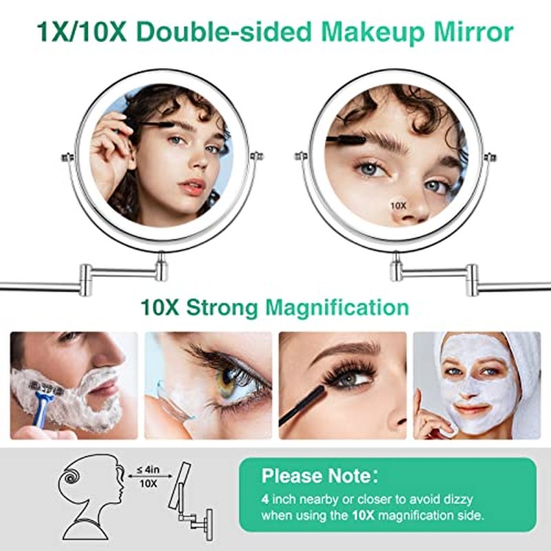 8.5 Inch Rechargeable Wall Mounted Lighted Makeup Mirror, Double-Sided 1X/10X LED Magnifying Vanity Mirror with Lights, 3 Color Lights Touch Screen Dimmable 360¡ÆSwivel 18 Inch Extendable - Chrome