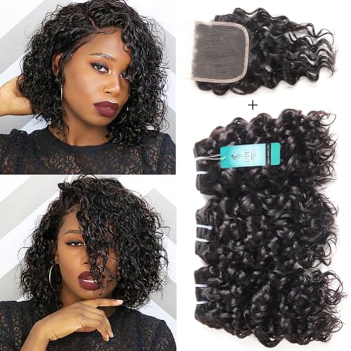 Water Wave Human Hair Bundles with Closure - Virgin 50g Hair Weave for Natural, Bouncy Style